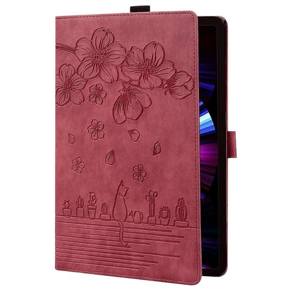 Til Honor Pad X8a Etui Flip Stand Læder Tablet Cover Kirsebærblomst Kat Præget - Rød
