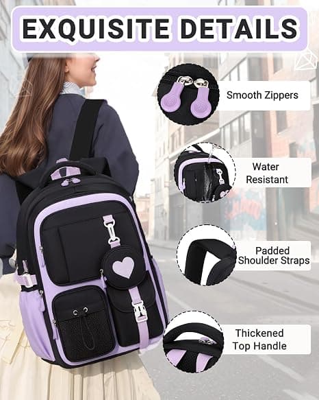Barneskoletaske for jenter (3.-5. klasse), 20L, ergonomisk | Bryststropp | Vanntett | Kawaii