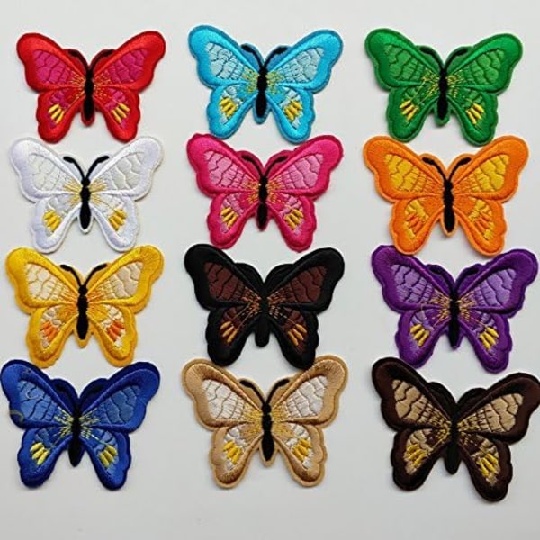12 st Butterfly Assorted påstryknings- eller sy-på broderade patchmotiv applikationslappar