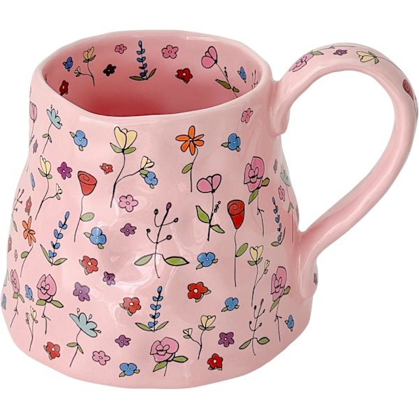 Stor Keramisk Kaffekopp Rosa Søt Blomst med Håndlaget Stort Håndtak, 625ml Jentete Blomstertekopp for Kvinner Valentinsgave Pink