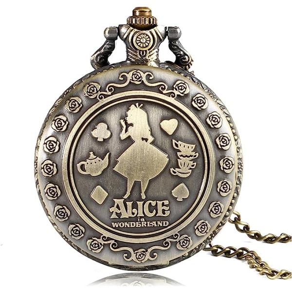 Alice i Eventyrland Tema 3D Bronze Effekt Kvinde Quartz Lommeur Kæde - På 32\" Tommer / 80cm Kæde