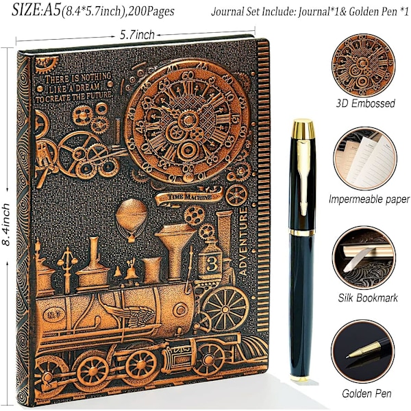 Vintage 3D præget læder skrivejournal, A5, 200 sider, antik håndlavet daglig notesblok skitsebog, rejsedagbog og notesbog at skrive i Train-(RedBronze) 8.4x5.7In
