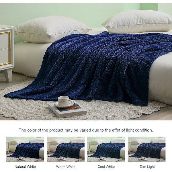 Flanellfleecefilt, 127x178 CM soffkast, mjukt jacquardvävt bladmönster kast för soffa, marinblå filt