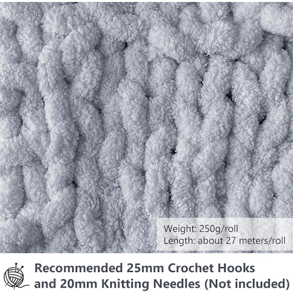 500g (250gx2) Chunky Garn Nøgle Ca. 54m Chenille Chunky Pels Garn Blødt Uld Chunky Garn Blødt Strikkegarn til Hæklet Tæppe Halstørklæder Huer grey