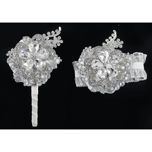 2 stk. Krystall Diamant Corsage Sett Håndledd*1 Brud og Corsage*1 Brudgom Bryllupsfest