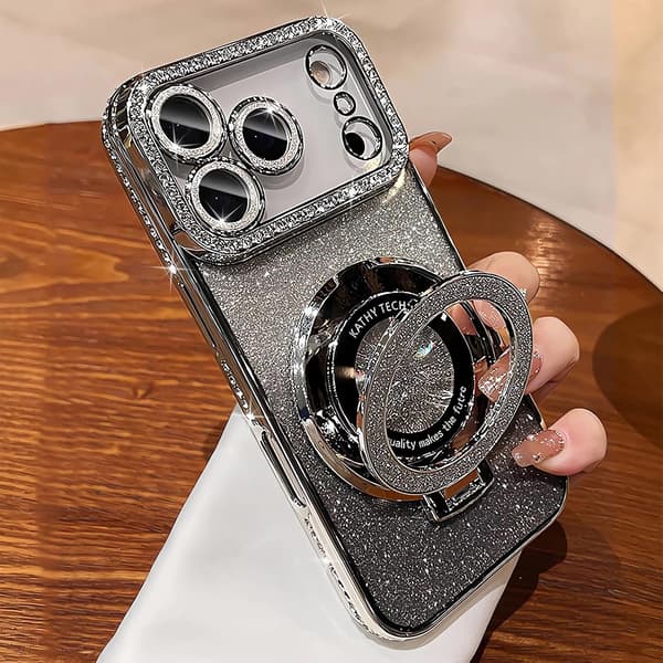 Magneettinen jalusta iPhone 17 Pro -suojakuorelle kimaltelevalla kortilla, hopea Silver iPhone17PRO