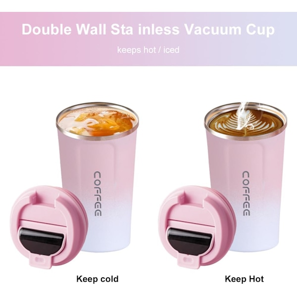 Kaffetermoskopp for Reise, 510ml Rustfritt Stål Gjenbrukbar, 100% Lekkasjesikker, Dobbel Vegg Vakuumisolert for Varm og Kald Kaffe Pink