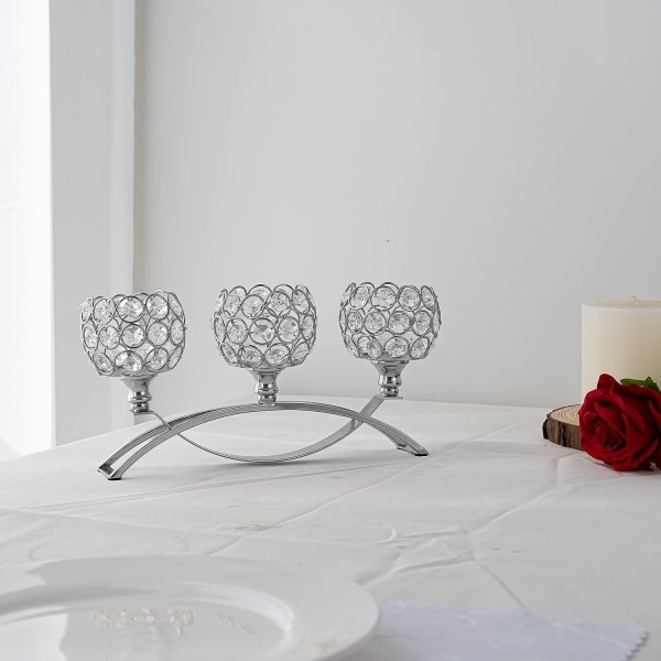 3-armad kristallljushållare, bågkristall värmeljusljushållare för bröllopsmiddag med levande ljus, dekorativt hem, silver