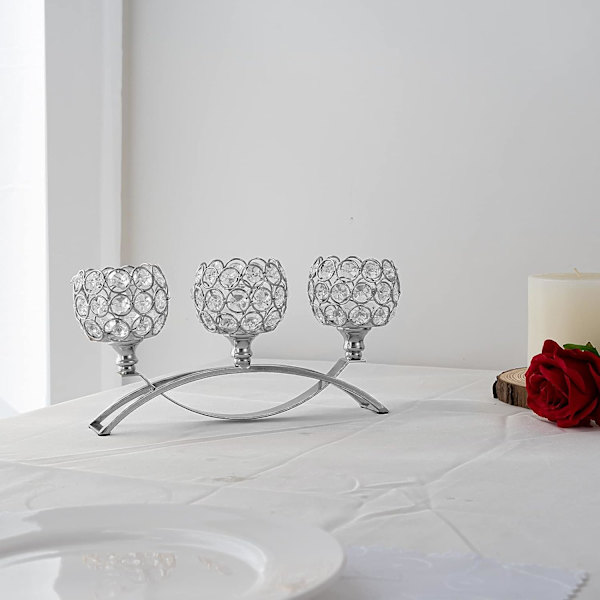 3-armade kristalljusstakar, bågformade kristalljusstakar för bröllop, middag med levande ljus, dekorativt hem, silver