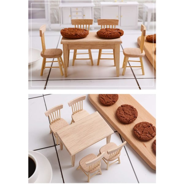 Bordstol i træ til dukkehusmøbler, miniature dukkehustilbehør til spisestuetilbehør - 1/12 skala