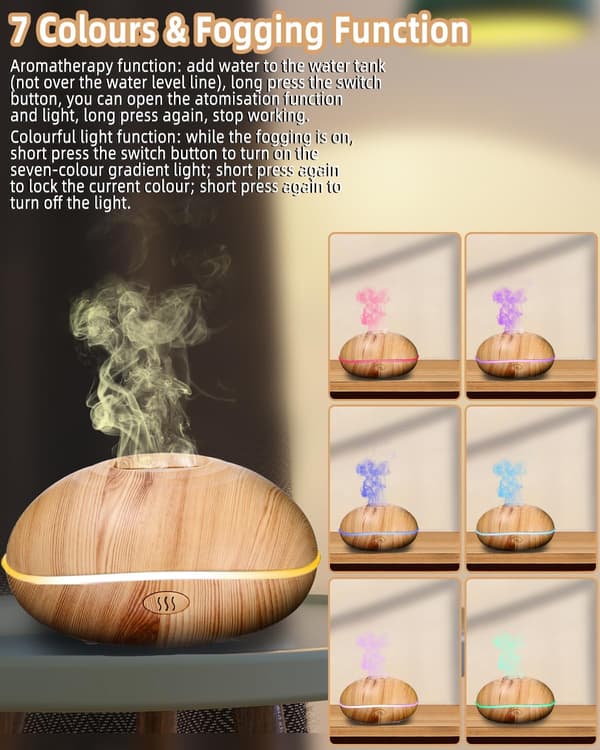 Essential Oil Diffuser, 200ML 7 Farver Essential Oil Diffuser med Flammeeffekt, Støjsvag Luftfugter