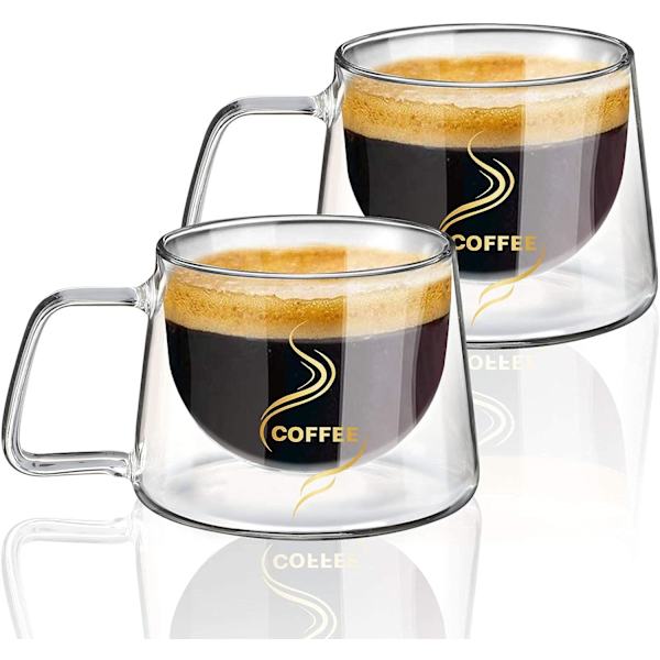 Dubbelväggig kaffemugg 200 ml, set med 2 kaffekoppar med handtag, handgjort isolerat borosilikatglas, diskmaskinssäker och värmebeständig, idealisk mugg