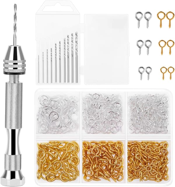 Pin Vise for Resin Casting Molds,Jewelry Making Includes 1Pcs Push Hand Drill 10Pcs Drill Bits 400Pcs Eye Screws