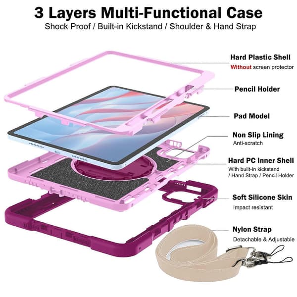 Fodral för Xiaomi Pad 7 Pro/7 Silikon+PC Ställbart Tabletskydd med Axelrem - Rosa+Pink