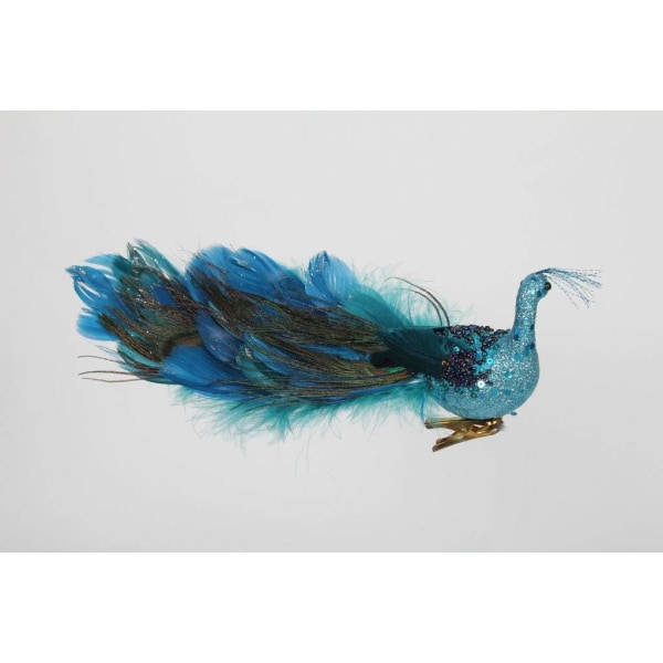 12" blå turkos påfågel med klämma, stängd svansfjäderfågel med glitter, juldekoration