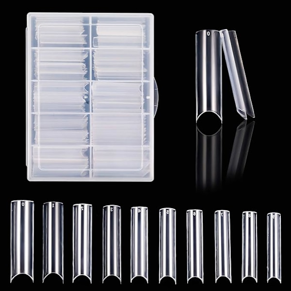200 stk ekstra lange, rette, firkantede neglespisser, C-kurve neglespisser, klare neglespisser, for kunstige neglespisser, salonger og DIY-neglekunst