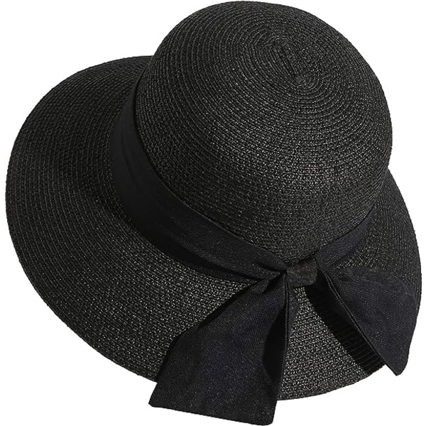 Stråhatt med bred brätte för kvinnor sommarstrandhatt hopfällbar, packbar hatt, lämplig för resor utomhus, svart