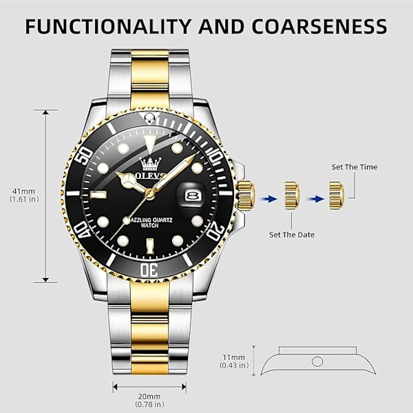 OLEVS Herreure Sort black Dial/Gold Silver Band