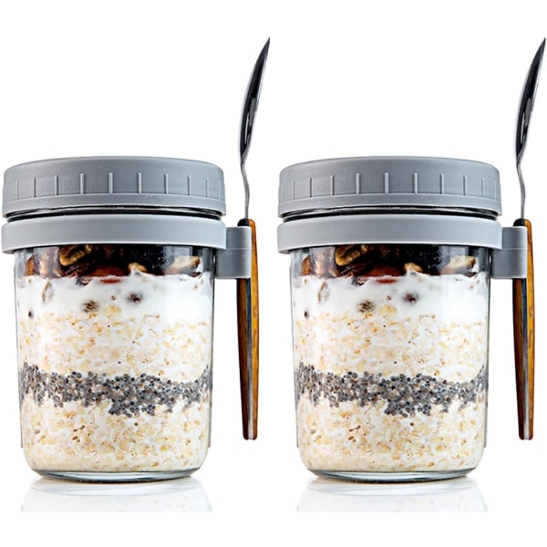 2 glasburkar för overnight oats med lock och skedar för mjölk, flingor, fruktförvaring Mason overnight oats burkar (350 ml)