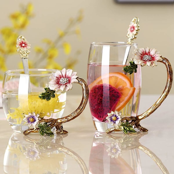 Emaljerad Solros Kristall Blyfri Glas Tekopp med Sked Set, Present till Jul, Alla Hjärtans Dag. Bästa Presenten Style 2