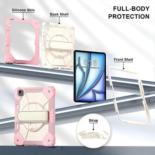 Fodral för iPad Air 13 (2024) Silikon+PC Ställ Tablet Skydd med Handrem, Axelrem