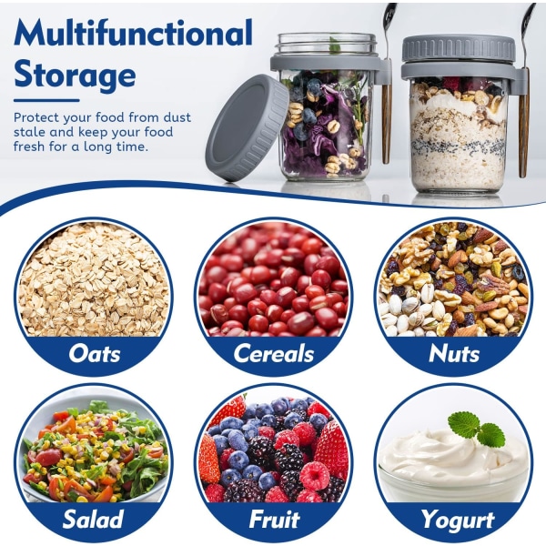 2 glasburkar för overnight oats med lock och skedar för mjölk, flingor, fruktförvaring Mason overnight oats burkar (350 ml)