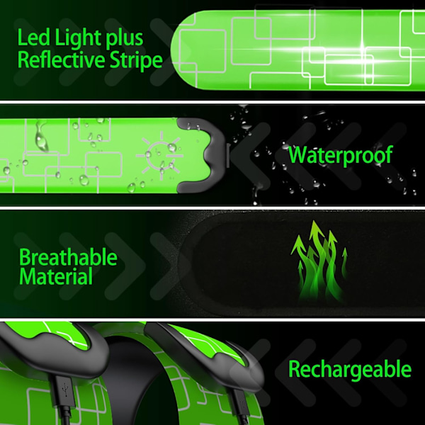 LED-käsivarsinauhat juoksuun, 2 kpl juoksulamppuja juoksijoille, ladattava heijastava juoksuvaruste, valaiseva käsivarsinauha green