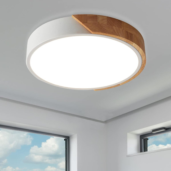 LED-kattovalaisin, Puinen kattovalaisin, 24W pyöreät valot, Valkoinen valo 6500K, Ø30CM