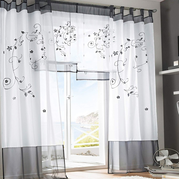 Blomstermønstret gjennomsiktige gardiner Voile Broderi Fanede Vinduspaneler for Soverom Stue Dekorasjon 2 Paneler, Grå, B140cm x H225cm