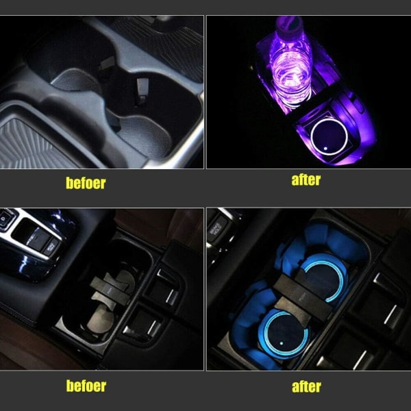 LED-kopphållarlampor, 2st LED-bilunderlägg med 7 färger självlysande kopparmatta, USB laddningsmatta