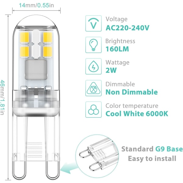 G9 LED-lampor 1,5 W Motsvarar 20 W Halogen Cool White Light 6000K, AC 220-240V, Ej dimbar, Mini glödlampa, flimmerfri, paket med 10