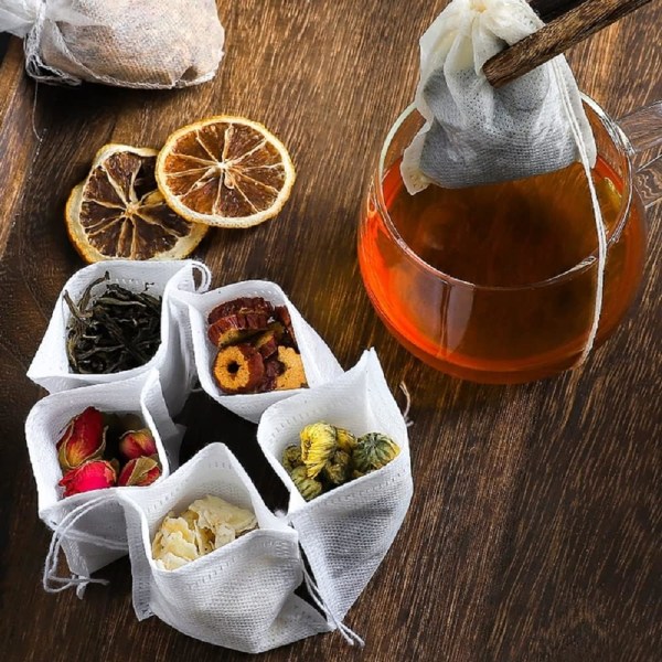200st tefilterpåsar oblekta tomma ovävda tepåsar med dragsko för lösbladste, kaffe, kryddor, örter, 7*9cm