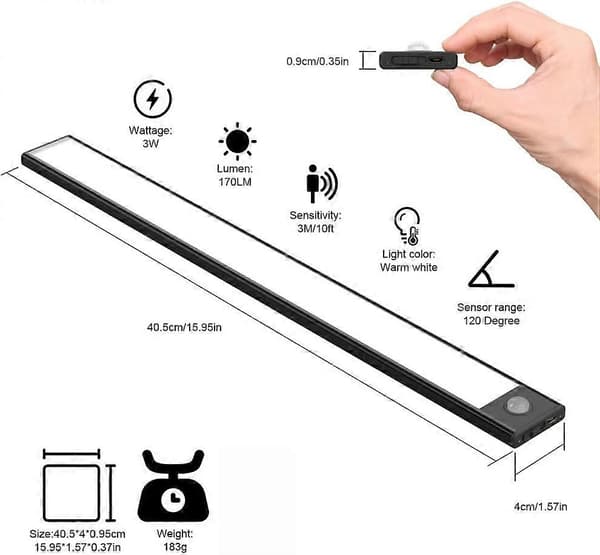 2 stk. LED skabslys, 40 cm, USB genopladelig, 3 tilstande, varm hvid 3000K, sort