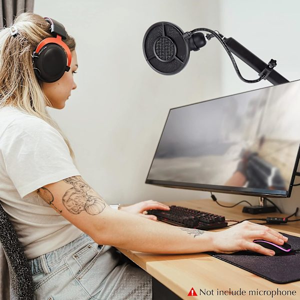 Kompatibel med HyperX QuadCast, Blue Yeti og andre spillmikrofoner, dobbeltlags vindskjerm med fleksibel 360° gåsehalsklemme stabilisatorarm