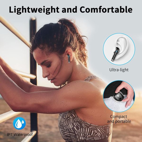 Bluetooth 5.3 trådlösa hörlurar med 4 ENC-mikrofoner, 56 timmars öronsnäckor i örat brusreducerande djup bas, IP7 vattentät LED-display black