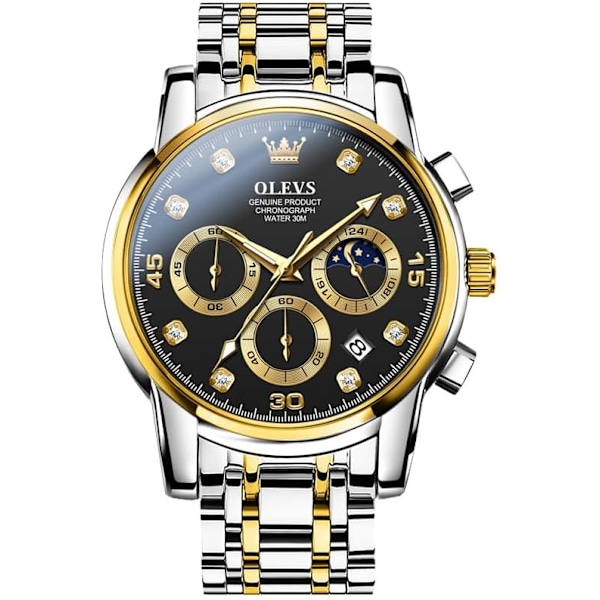 OLEVS Herre Chronograph Klokke, Vanntett Multifunksjonsurskive med Dato Diamantklokker for Menn Black Dial/Silver Gold Band