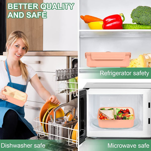 1400 ml Bento Lunsjboks, Beholder med 3 Rom, BPA-fri Sandwichboks for Voksne og Barn, Rosa