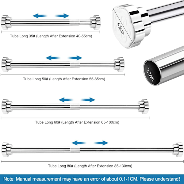 Utvidbar stang, 40-55 cm, teleskopstang i rustfritt stål, gardinstang, dusjstang, klesstang gardinstang, klesskap spennstang, ingen boring