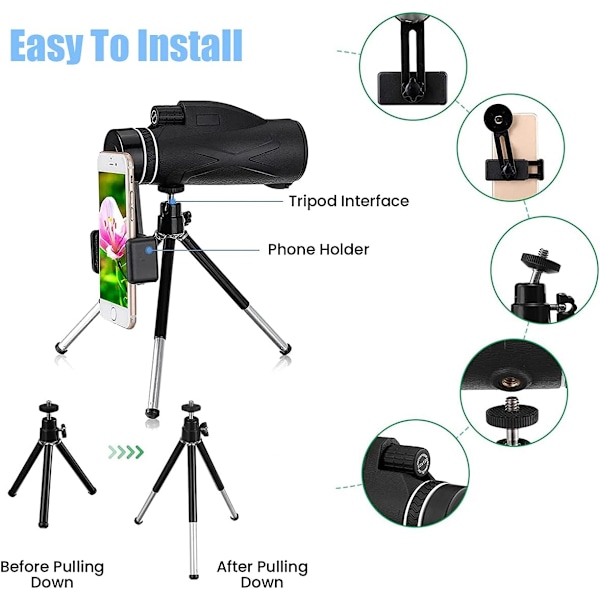 Monokulær 80x100 Højtydende HD Monokulær Stjerneskop Monokulær med Smartphone Holder og Vandtæt Stativ til Fugleobservation, Jagt, Rejser, Koncert