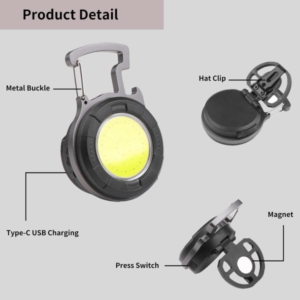 Mini LED lommelygte COB bærbar arbejdslampe lille nøglering vandtæt lommelygte genopladelig LED arbejdslampe flaskeåbner