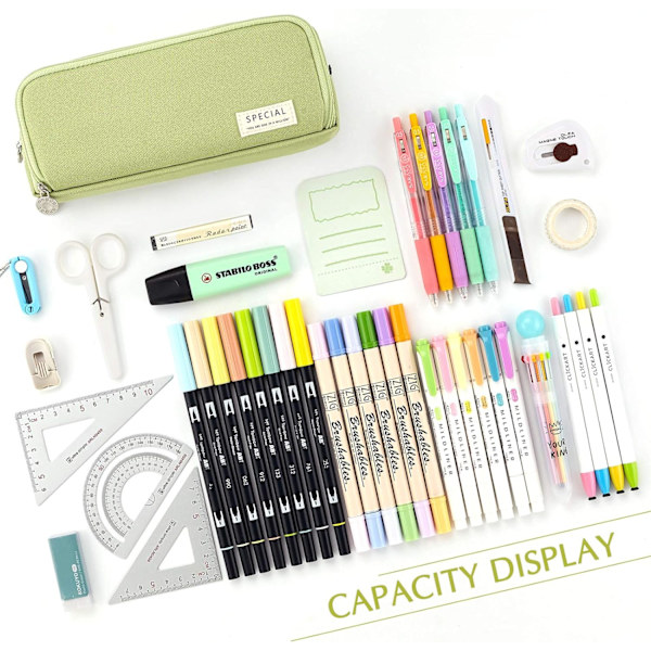 Etui med stor kapacitet, 3 rum, pennepose til skoleteenagere Green 8.46*2.76*3.54in