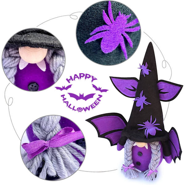2 st Halloween Gnome Höstdekorationer, Handgjorda Ansiktslösa Plysch Halloween Häxgnomer med Spindelfladdermusprydnader