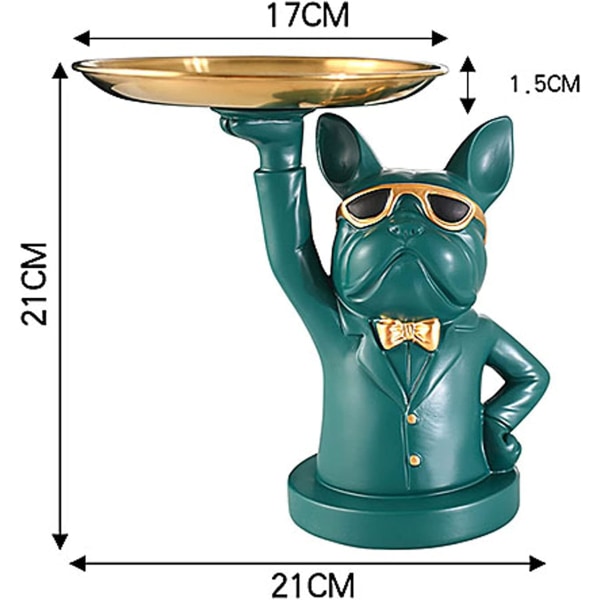 Vinbcorw fransk bulldogfigur med bricka rostfritt stål, bordsdekoration skulptur dekoration, nyckelskål staty små delar, behållare, svart