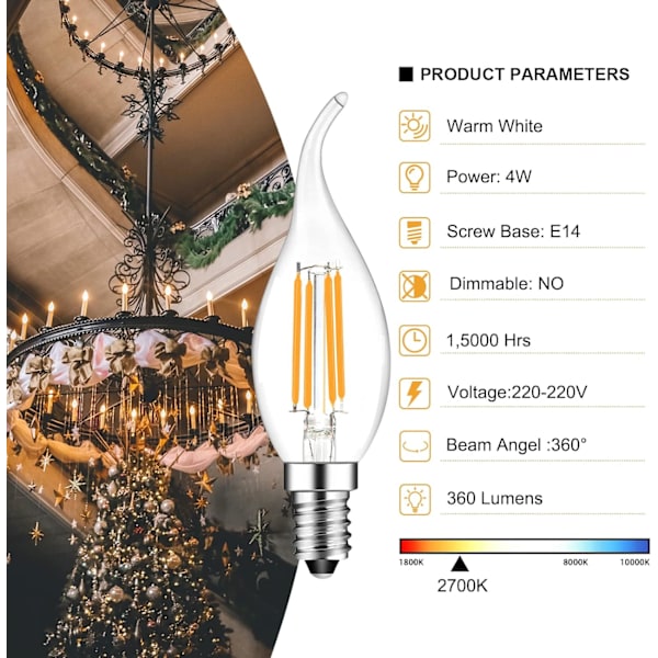 Pakke med 10 4W E14 LED Filament Pære Flammelys 2700K Varm Hvid, 360° Strålevinkel, Ikke-Dæmpbar [Energiklasse F]