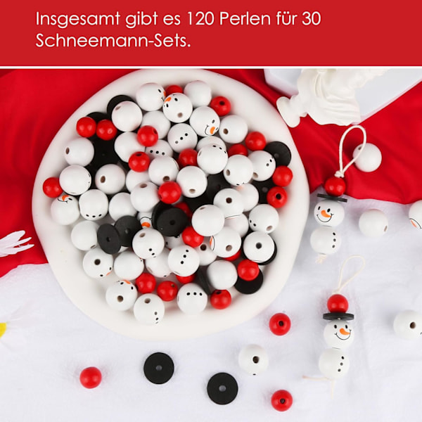 Träpärlor för 50 set snögubbar med 10 m bomullssnöre 20 mm snögubbe ansikte träpärlor set för DIY hantverk jul vinterdekorationer