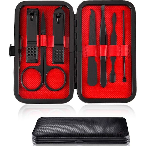 Nagelklippare Manikyrset, 7 i 1 Rostfritt Stål Professionell Pedikyr Kit Nagelsax Manikyrset med Svart PU Läderfodral