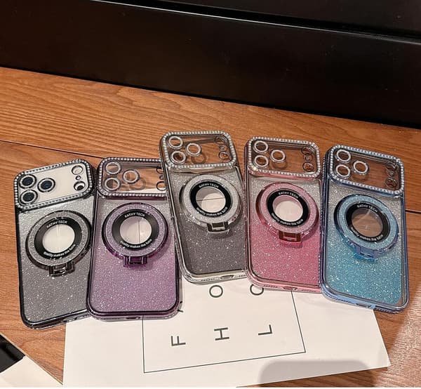 Magnetisk stativ til iPhone 17 Pro-etui med glimmer, bling og kort, lyserød Pink iPhone17PRO
