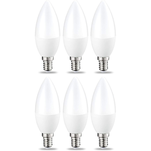 Set med 6 små LED-lampor i form av en låga, Edison-skruvbas E14, 6 W (motsvarande 40 W), varmvit, ej dimbar