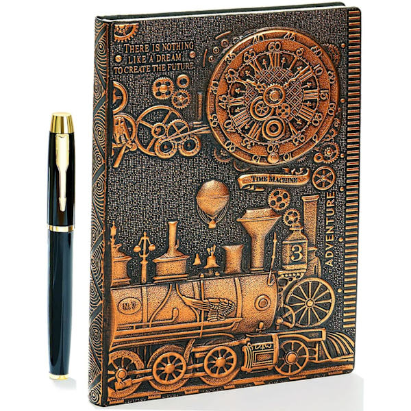 Vintage 3D præget læder skrivejournal, A5, 200 sider, antik håndlavet daglig notesblok skitsebog, rejsedagbog og notesbog at skrive i Train-(RedBronze) 8.4x5.7In