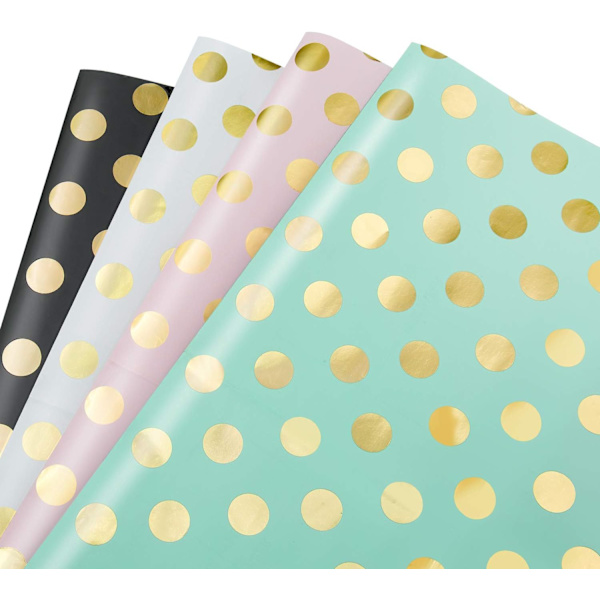 Presentpapper, Set med 4 guldprickmönstrat presentpapper för födelsedag, semester, bröllop, babyshower-present (4 färger, 70 x 50 cm)